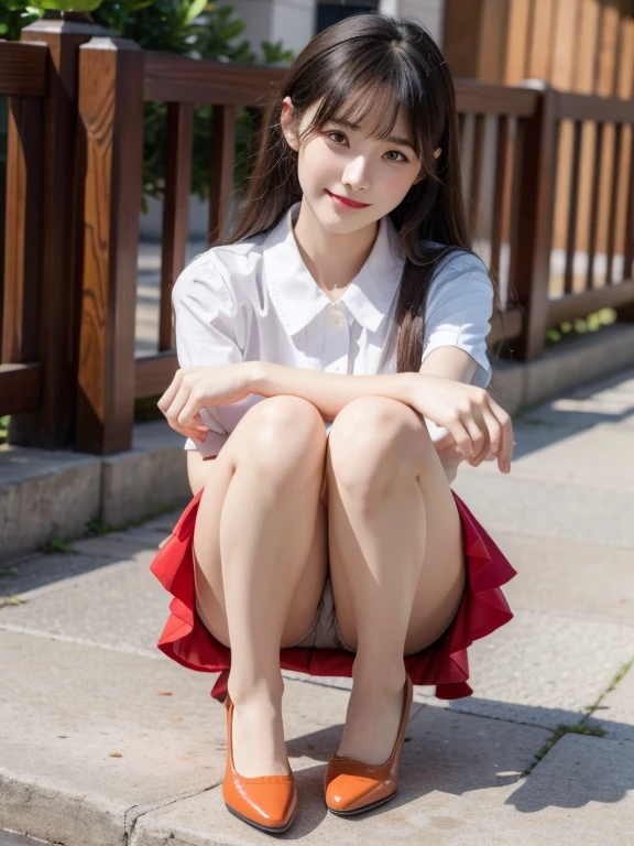 daughter,Facing the camera,Squat,slender legs,Bare legs,(Focus on the thighs),(ta clothing), Horizontal viewing angle)), , (8k, .The original, professional, best quality, masterpiece: 1,2), (endless realism), Ultra Detailed, Huge breasts, Thin waist,(Skins with the highest level of detail: 1,2), (The dial is exquisitely detailed:1.2),Small red leather shoes , looking at camera, Hands together,Happy expression,乖巧obedient,Focus on everything,性格温柔obedient、Likeable,付出型性格和Likeable的个性,绝对obedient、obedient,Waiting for command