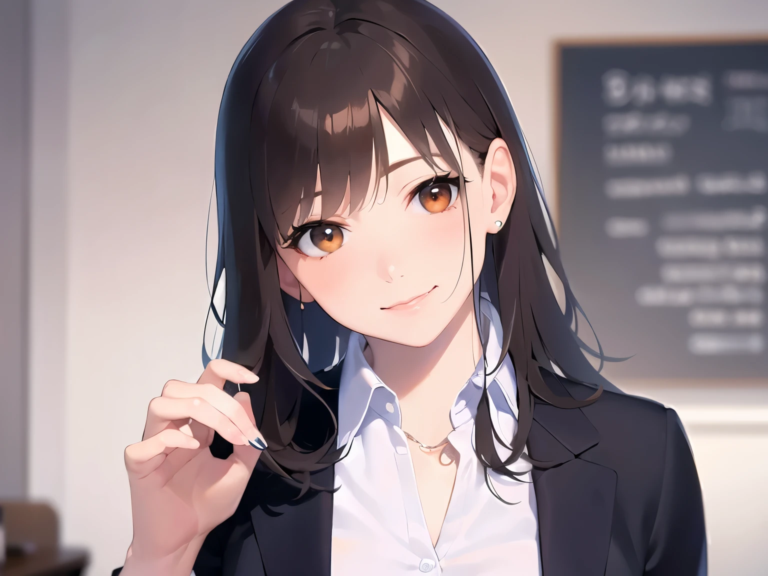 Biologically correct five fingers、Upper Body, Realistic, real person, (pale skin: 1.2), RAW photo, photorealistic, portrait photography, shiny skin, shiny hair、(25 year old woman with medium hair with bangs) and (wavy hair) and (brown hair) and (orange eyes) , (Wearing a business suit:1.5) and (Wearing a white collared shirt)、smile, (blush:1.1), The background is the office、Alone、Sitting、document