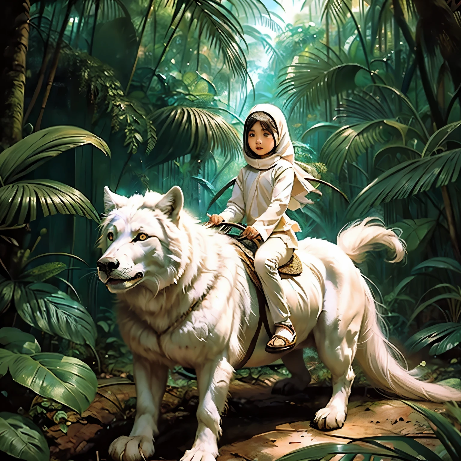 2 malay girl 10yo and 5yo in hijab riding an extra pudgy white wolf in the jungle, friendship, front view, detail face, poto full body, perfect body