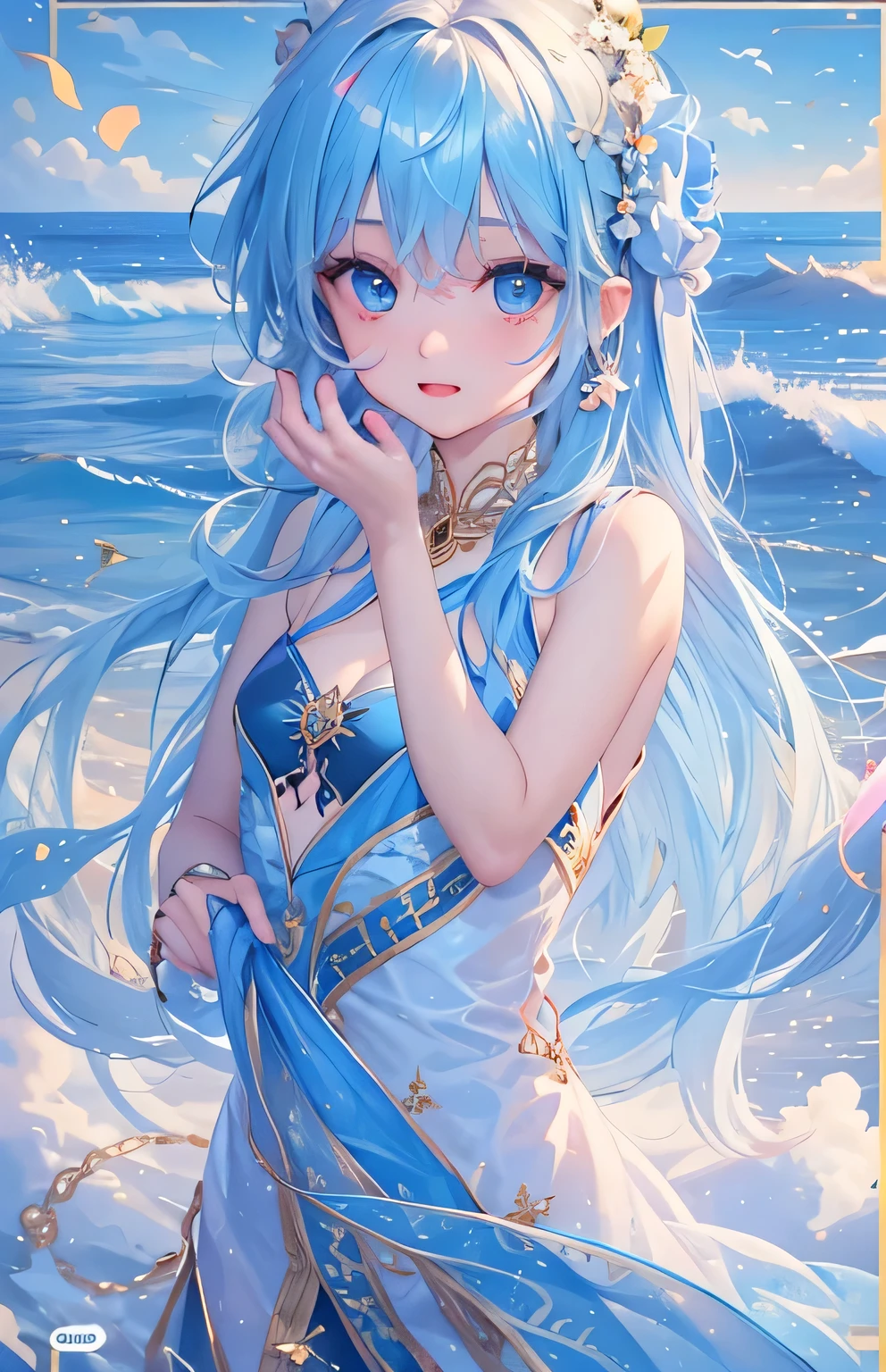 ((highest quality)), ((masterpiece)), (Get used to it), Perfect Face , Adult female , Ariel , Long and beautiful blue hair , Beautiful blue eyes , in the beautiful sea ,