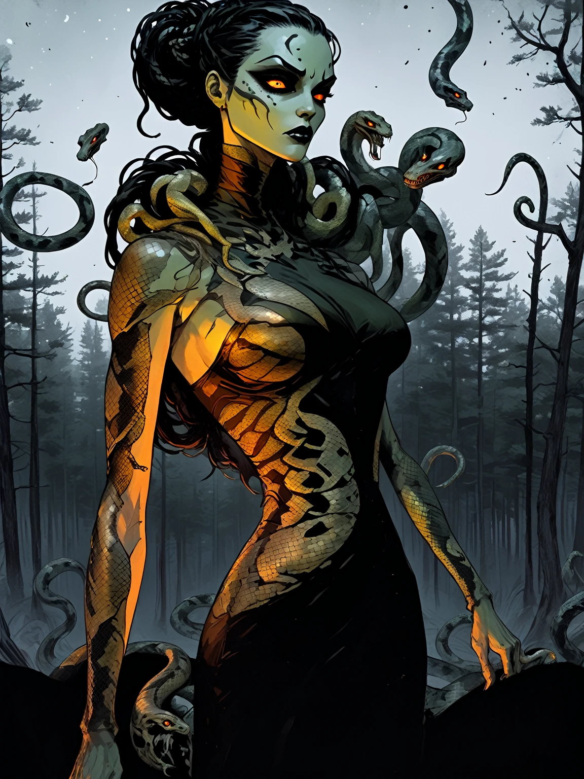 Medusa, splash page decompressed comic cover art, ink style figure, candid, snake skin dress, ((art style expressive Joelle Jones and "Sean Gordon Murphy" comic drawing)), cinematic poster double exposure, optical illusion, image within image, abyss void black no visibility darkness, full body portrait, (background, pine barrens, entropy, rewilding, magic hour sunset with galaxy stars, cosmos), (horror, abstract, surreal, body, cosmic), body drawn in Frederic Delavier musculature anatomical illustration art style, (face, ornate black metal corpse paint, resembles Grace Jones), (body, Naga, snakefolk, lower body snake tail, snake woman hybrid, bald, hairless, skeleton, snake skin tattoos, piercing eyes, snake pupils, over the shoulder), (colors, merge bleak muted deep fiery radiant glowing ROYGBIV, forest green to earth brown), craftsmanship nuance, (art style Gerardo Zaffino charcoal), subliminal orchids, nyctophobia, (wordless, single image), silhouette

