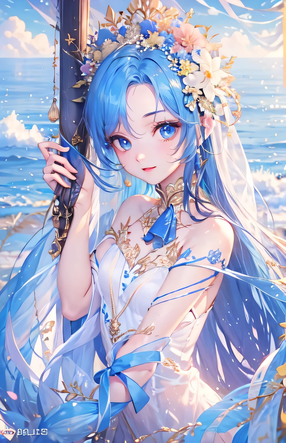 ((highest quality)), ((masterpiece)), (Get used to it), Perfect Face , Adult female , Ariel , Long and beautiful blue hair , Beautiful blue eyes , in the beautiful sea ,