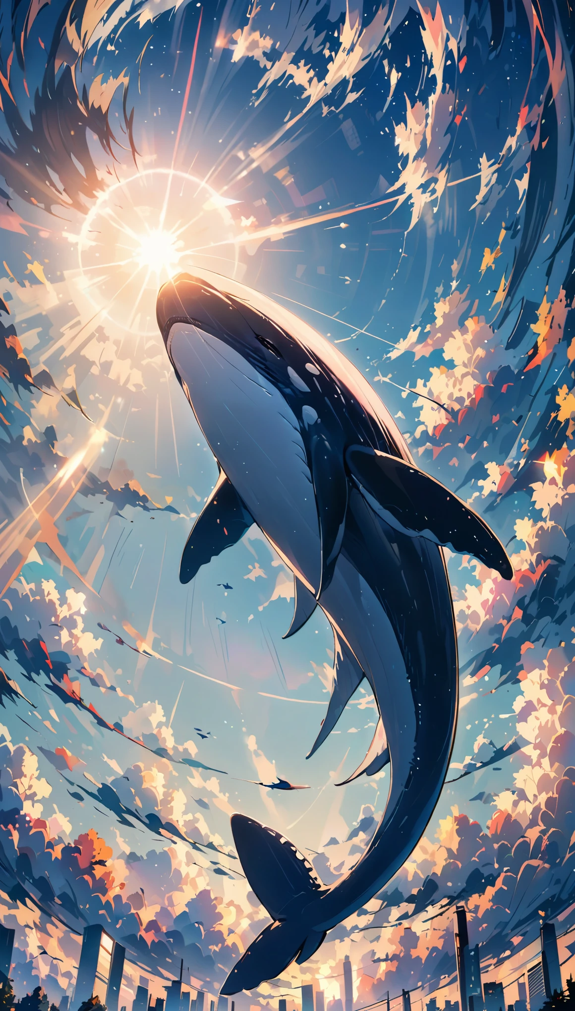a whale in the sky like a plane, sun flare
