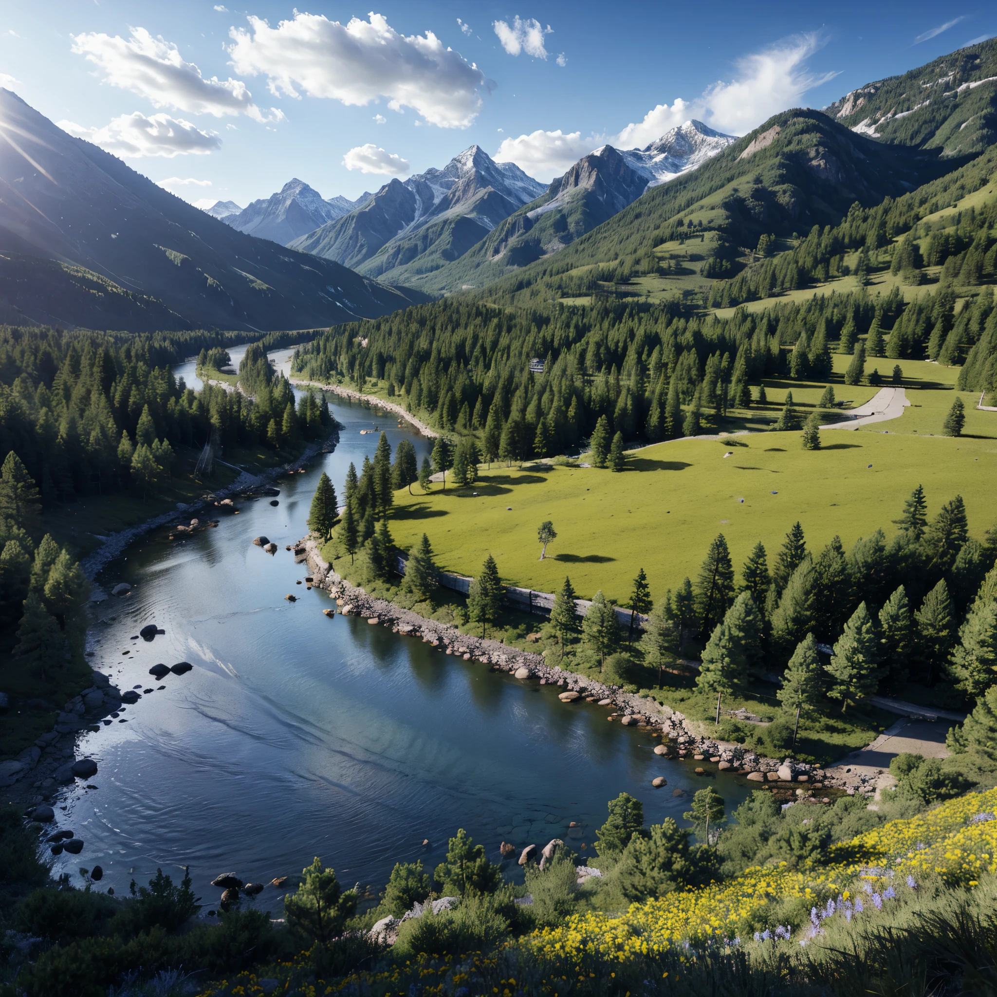 A steep valley on a plateau,A winding river in the evergreen pine forest on both sides of the valley,Wild grass and flowers bloom on both sides of the river,There are rocks of different sizes and shapes scattered in the river.,After years of washing by water, they have become round and have different shapes.,Clear river water splash, Real river reflections,The snow-capped peaks towering into the clouds in the distance look particularly magnificent,Professional landscape photography 8k ultra high definition image quality Professional landscape photography ,Hyperrealism,Artistic Beauty,Composition major