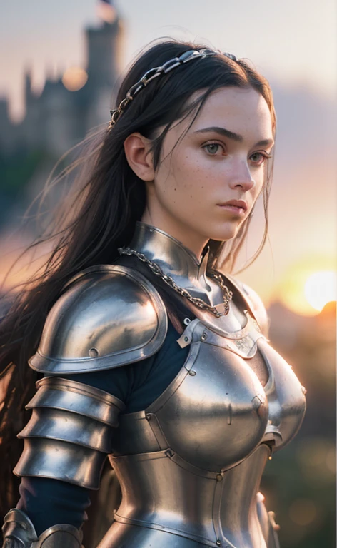 (masterpiece), (extremely complex:1.3), (Practical), Portrait of a girl, The most beautiful in the world, (medieval armor), metal reflection, Upper Body, outdoor, Strong sunlight, Distant Castle, Professional photo of stunning woman detailed, Sharp focus, dramatic, The award-winning, Movie Lighting, Octane rendering Unreal Engine, Volume measurement dtx, (Film Grain, Blurred background, Blurred foreground, Bokeh, Depth of Field, Sunset, Motion Blur:1.3), chain mail