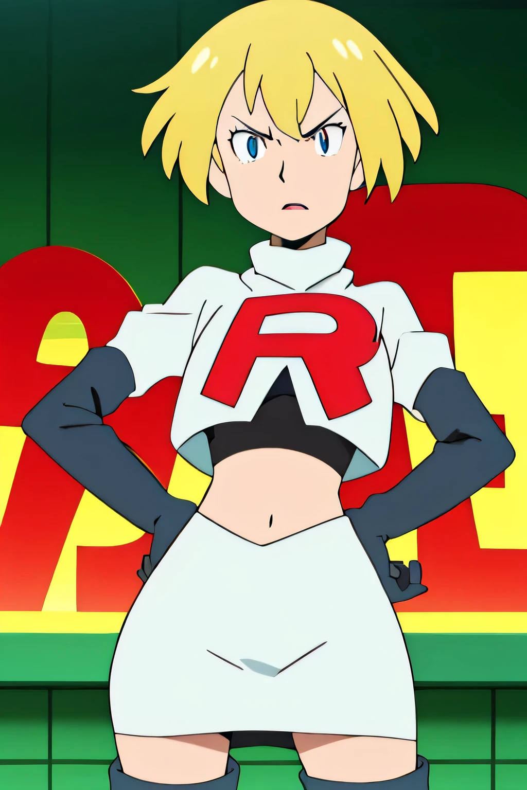 Persona3Aigis ,glossy lips, light makeup ,team rocket,team rocket uniform, red letter R, white skirt,white crop top,black thigh-high boots, black elbow gloves,hands on hips,black panties,glaring angrily
