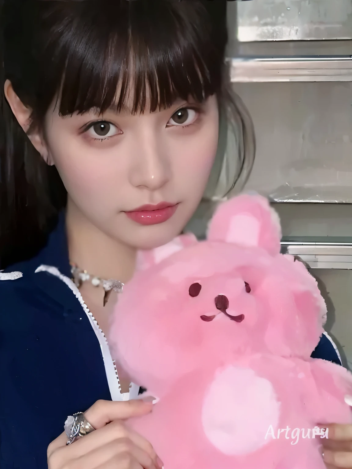 Woman standing in front of beautiful door，Holding a pink teddy bear,, She has black hair，With bangs, She has a cute expression, 