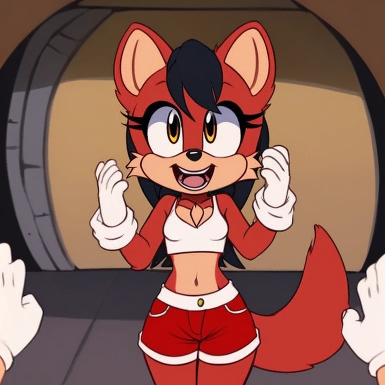 (mobian), solo, 1girl, (mobian marten, (red body fur, black hair):1.2), golden eyes, small breasts, , short girl, slim waist, chest tuft,
sticker, icon, open mouth, wide eyes, excited, playful, face focus, pov, arms out, hugging, shorts, crop top,
