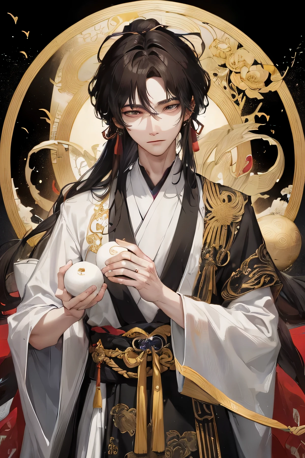 At the heart of the painting, a male figure emerges, brimming with metaphysical symbolism. He dons dark Hanfu, the Chinese attire, intricately embellished with delicately embroidered traditional five-element patterns along the lapels. These symbols represent the laws of nature.
He grasps a circular Bagua mirror in his hand, reflecting the balance of yin and yang and the secrets of the universe. Atop his head, he wears a tall black crown, tied with a neat, dark brown ribbon, demonstrating his deep-seated respect and pursuit of knowledge.
Mystery unfolds within his enigmatic, deep-