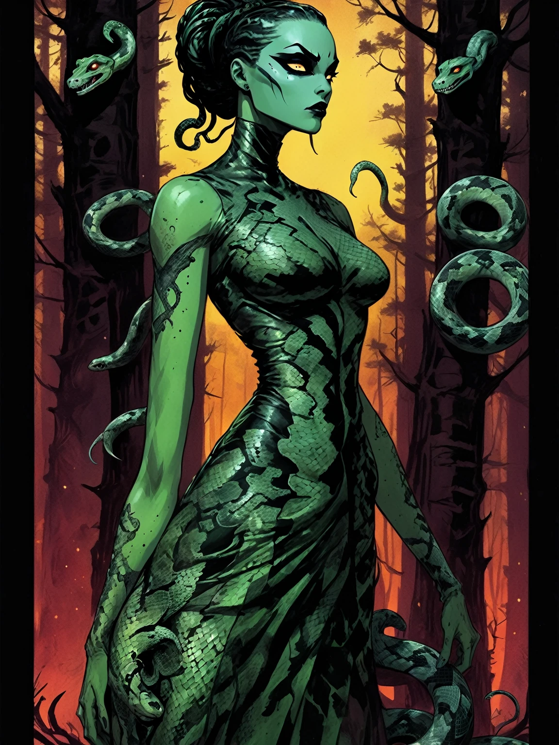 Medusa, splash page decompressed comic cover art, ink style figure, candid, snake skin dress, ((art style expressive Joelle Jones and "Sean Gordon Murphy" comic drawing)), cinematic poster double exposure, optical illusion, image within image, abyss void black no visibility darkness, full body portrait, (background, pine barrens, entropy, rewilding, magic hour sunset with galaxy stars, cosmos), (horror, abstract, surreal, body, cosmic), body drawn in Frederic Delavier musculature anatomical illustration art style, (face, ornate black metal corpse paint, resembles Grace Jones), (body, Naga, snakefolk, lower body snake tail, snake woman hybrid, bald, hairless, skeleton, snake skin tattoos, piercing eyes, snake pupils, over the shoulder), (colors, merge bleak muted deep fiery radiant glowing ROYGBIV, forest green to earth brown), craftsmanship nuance, (art style Gerardo Zaffino charcoal), subliminal orchids, nyctophobia, (wordless, single image), silhouette