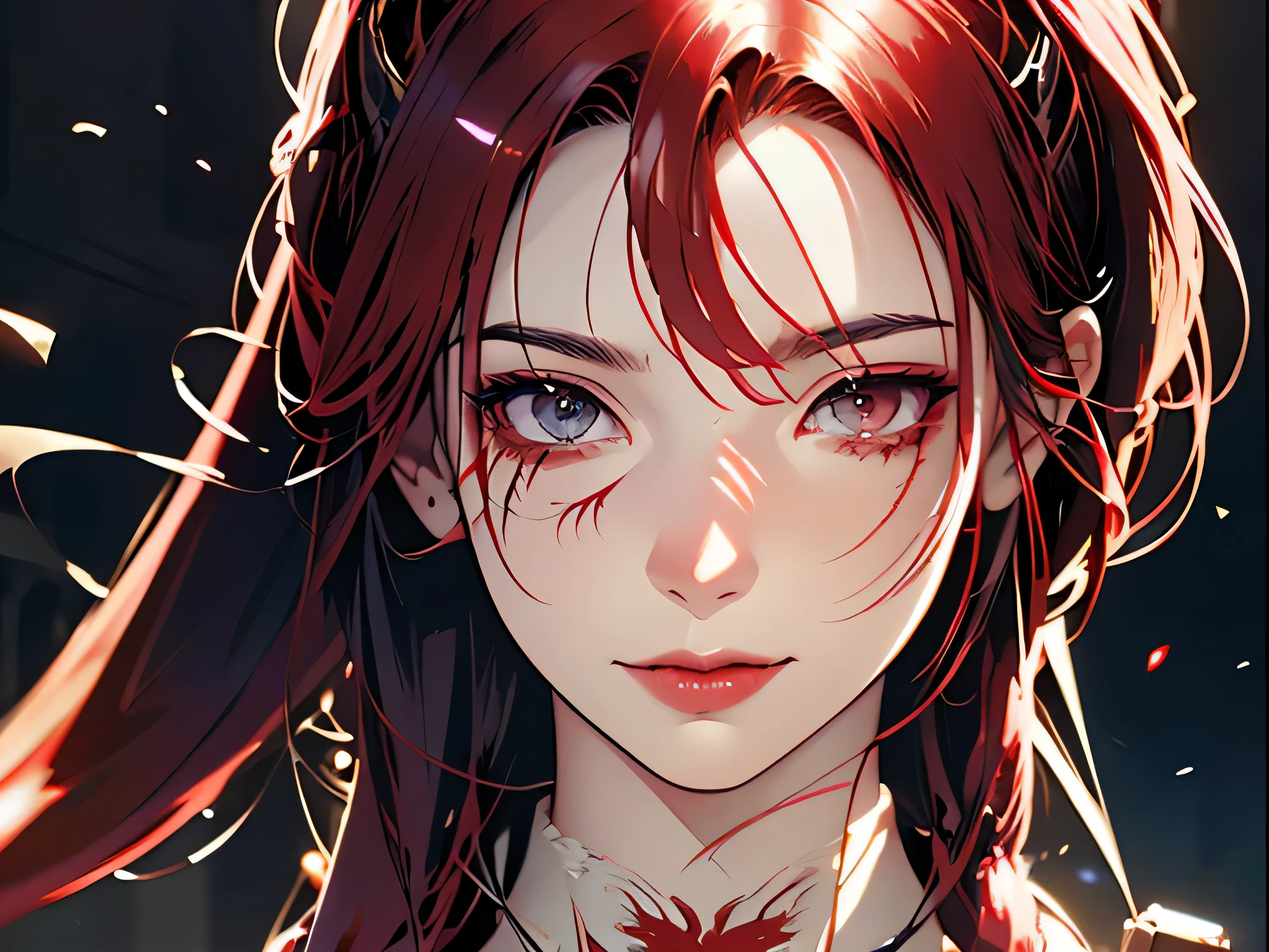 A full view of body of a beatiful anime girl warrior with red hair red eyes red eyeshadows red lipstick with cute scar near right eye and mouth dressed in sexy red armor dress with white parts, Girl standing on the battlefield and eminates red aura of madness, holding huge greatsword, red aura of madness around the girl, beautiful anime artwork, anime fantasy illustration, digital art , a beautiful artwork illustration, detailed art, beautiful anime art, anime fantasy artwork, gorgeous berserker girl with a greatsword illustration, detailed beautiful face, cute red hair women, 4k, digital art, best quality,
