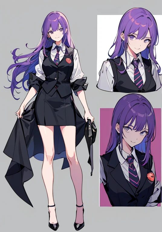 Perfect Face,Easy to understand line drawings,Purple Hair,Semi-long hair,1 female,Casino Dealer,bartender,suit,Black vest,Shirt with rolled up sleeves,tie,High heels,,Simple Background,smile,whole body,whole body,whole body,Portraiture,virtual,upright,,Standing upright with face and body facing forward,