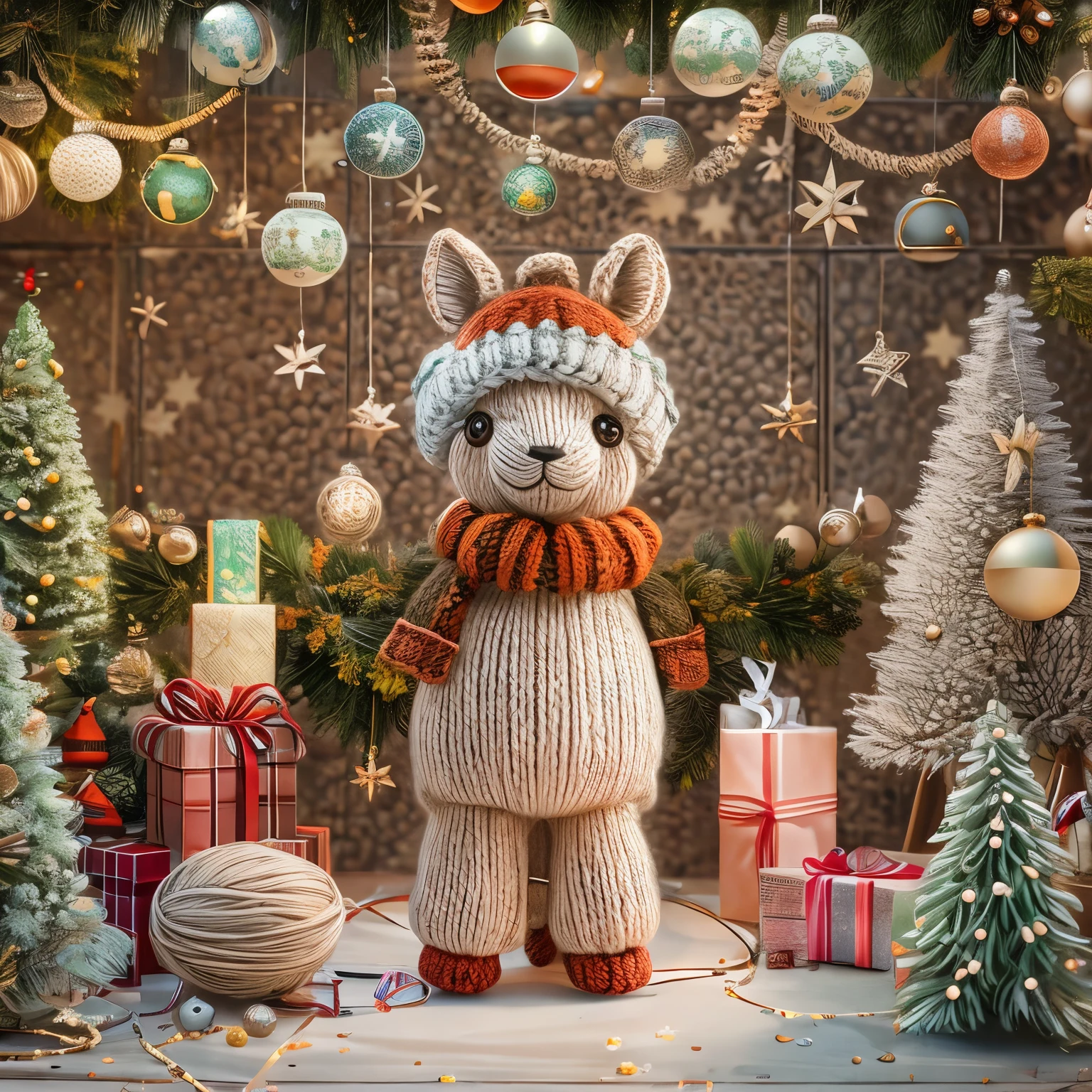 (La best quality,high resolution,Ultra Detailed,Practical),Cute knitted alpaca，In the steppe，Smiley Face，A masterpiece full of fantasy elements）））， （（best quality））， （（Intricate details））（8k）