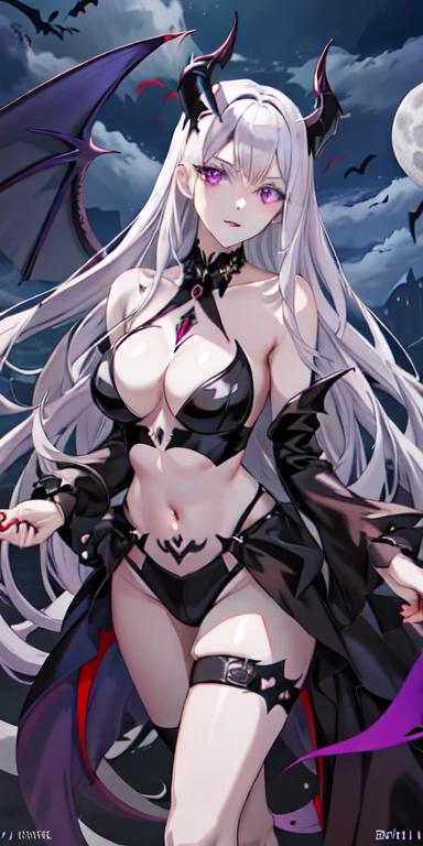 Adult women,Purple gray skin,expressionless,Temporarily white skin,Sharp Claw,Skin whitening,little color,Female vampire,Evil expression,Long hair reaching knee length,Gold hair,Tall and slim,Devil's Horn,Devil's wings,Chest revealing clothing,Navel exposed suit,Fishnets,Flying in the air,late at night,Vampire Teeth,Sharp Claw,full moon,crotch tattoo,Thin waist and fat arms,Devil Wings,crotch tattoo,Both hands,legs,Twist the waist,poker face