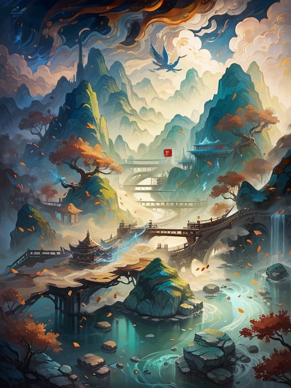 Chinese wind mountains, river, Auspicious Clouds, Exhibition Hall, Sunlight, masterpiece, Super Detail, Epic creation, Ultra HD, high quality, Extremely detailed, official art, Unified 8K wallpaper, Super Detail, 32k