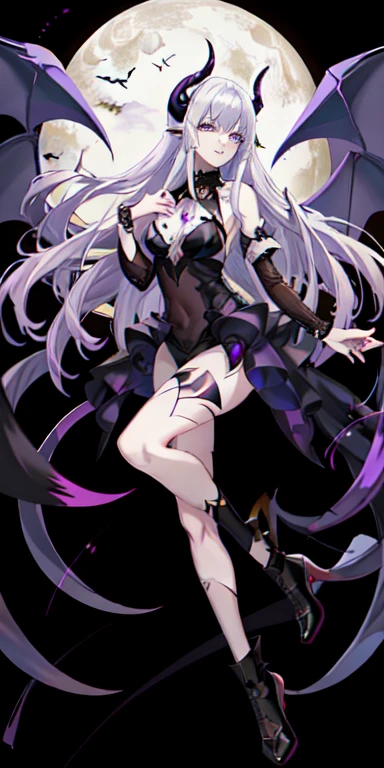 Adult women，Purple gray skin，expressionless，Temporarily white skin，Sharp Claw，Skin whitening，little color，Female vampire，Evil expression，Long hair reaching knee length，Gold hair，Tall and slim，Devil's Horn，Devil's wings，Chest revealing clothing，Navel exposed suit，Fishnets，Flying in the air，late at night，Vampire Teeth，Sharp Claw，full moon，crotch tattoo，Thin waist and fat arms，Devil Wings，crotch tattoo，Both hands，legs，Twist the waist，poker face