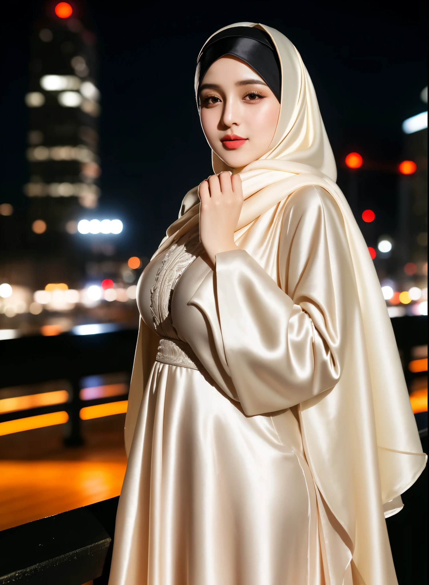 RAW photo of a 24 year old girl wearing hijab, satin abaya sexy cream , satin, hijab face portrait,((city walk   background)), 8k uhd, dslr, soft lighting, high quality, film grain, Fujifilm XT3, covered dress, patterned dress, gigantic breasts:1.5