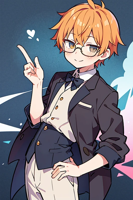 anime,manga,closed mouth,((boy)),(1boy), solo,very short hair,pastel orange hair,glasses,smile,suit