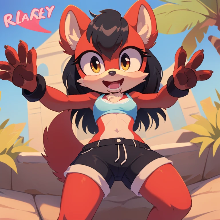 (mobian), solo, 1girl, (mobian marten, (red body fur, black hair):1.2), golden eyes, small breasts, , short girl, slim waist, chest tuft,
sticker, icon, open mouth, wide eyes, excited, playful, face focus, pov, arms out, hugging, shorts, crop top,