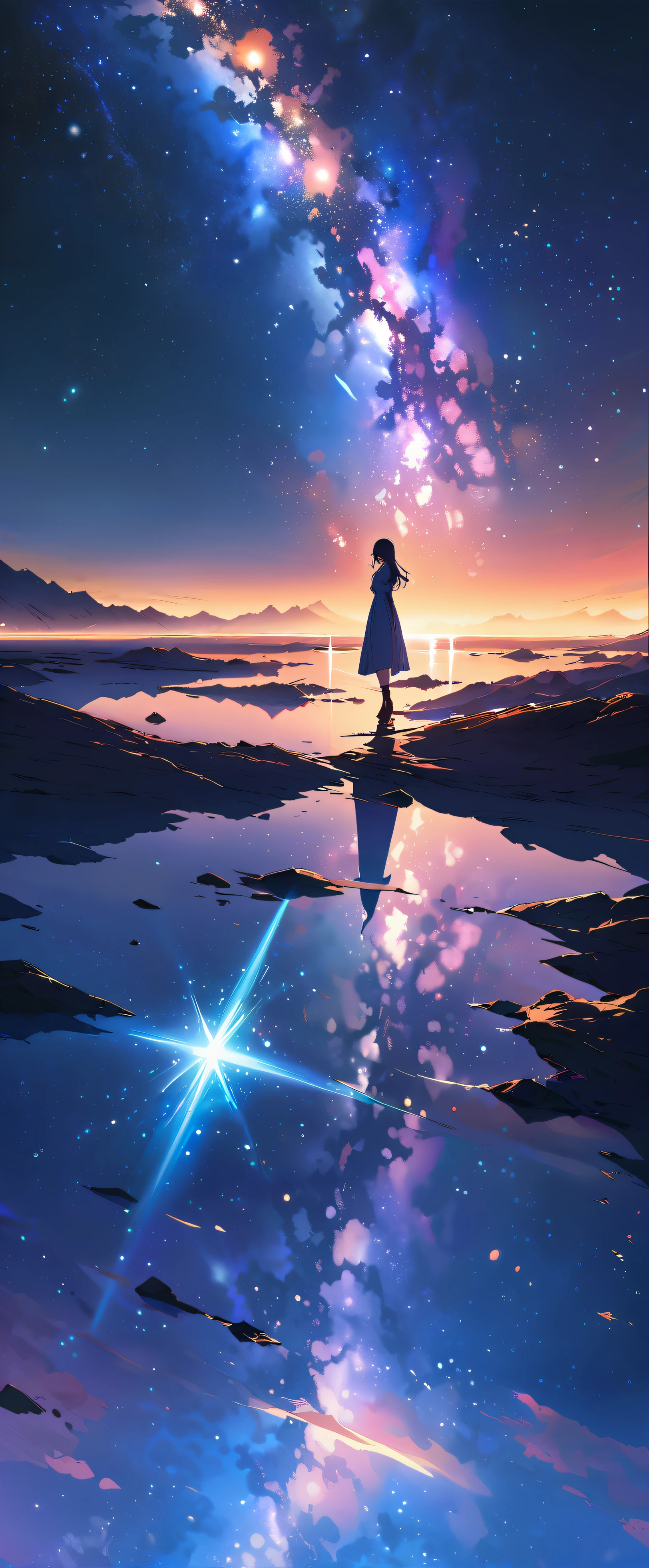 official art, Integrated 8K wallpaper, Super detailed, masterpiece, best image quality,ultra wide angle,night,woman,Standing by the salt lake,water is like a mirror,Reflecting the sky。look up at the sky,the milky way is in the sky,dynamic angle, grace, bright colors,