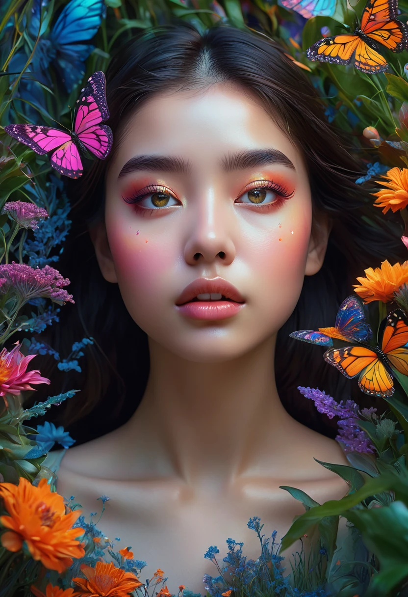 a girl close up, glowing shinny eyes with ultra long eyelashes, in a surreal and intricate garden of infinite possibilities, lost in a chaotic and unpredictable world, surrounded by vibrant and mesmerizing colors. The garden is filled with unique and peculiar plants and creatures, creating a sense of wonder and curiosity. 
The girl has deep and expressive eyes that are beautifully detailed, capturing the essence of her emotions and thoughts. Her lips are also beautifully detailed, reflecting her innermost desires and dreams. She has an aura of mystery and intrigue, drawing people towards her. Her face is extremely detailed, with long eyelashes that add to her captivating presence.

The garden is made with the highest level of craftsmanship, resembling a masterpiece of art. It combines various mediums such as illustrations, oil paintings, and 3D renderings, creating a visually stunning and immersive experience.

Every corner of the garden is filled with ultra-detailed elements, from the intricate textures on the petals of flowers to the fine details on the wings of butterflies. The level of detail is so high that it feels almost realistic and photorealistic. The colors are vivid and vibrant, with neon highlights that add a touch of excitement and futuristic aesthetics.

As the girl wanders through the garden, she is surrounded by an epic and complex landscape. The sky is filled with an abundance of stars, creating an ethereal and dream-like atmosphere. The transition between day and night is captured in the end of the sunset, where the colors blend harmoniously, creating a sense of tranquility and serenity.
This ultra HD artwork is a true masterpiece, capturing the essence of the girl's journey through the garden of random wonders. It is a visual representation of the infinite possibilities that lie within our dreams and the beauty that can be found in the most unexpected places.