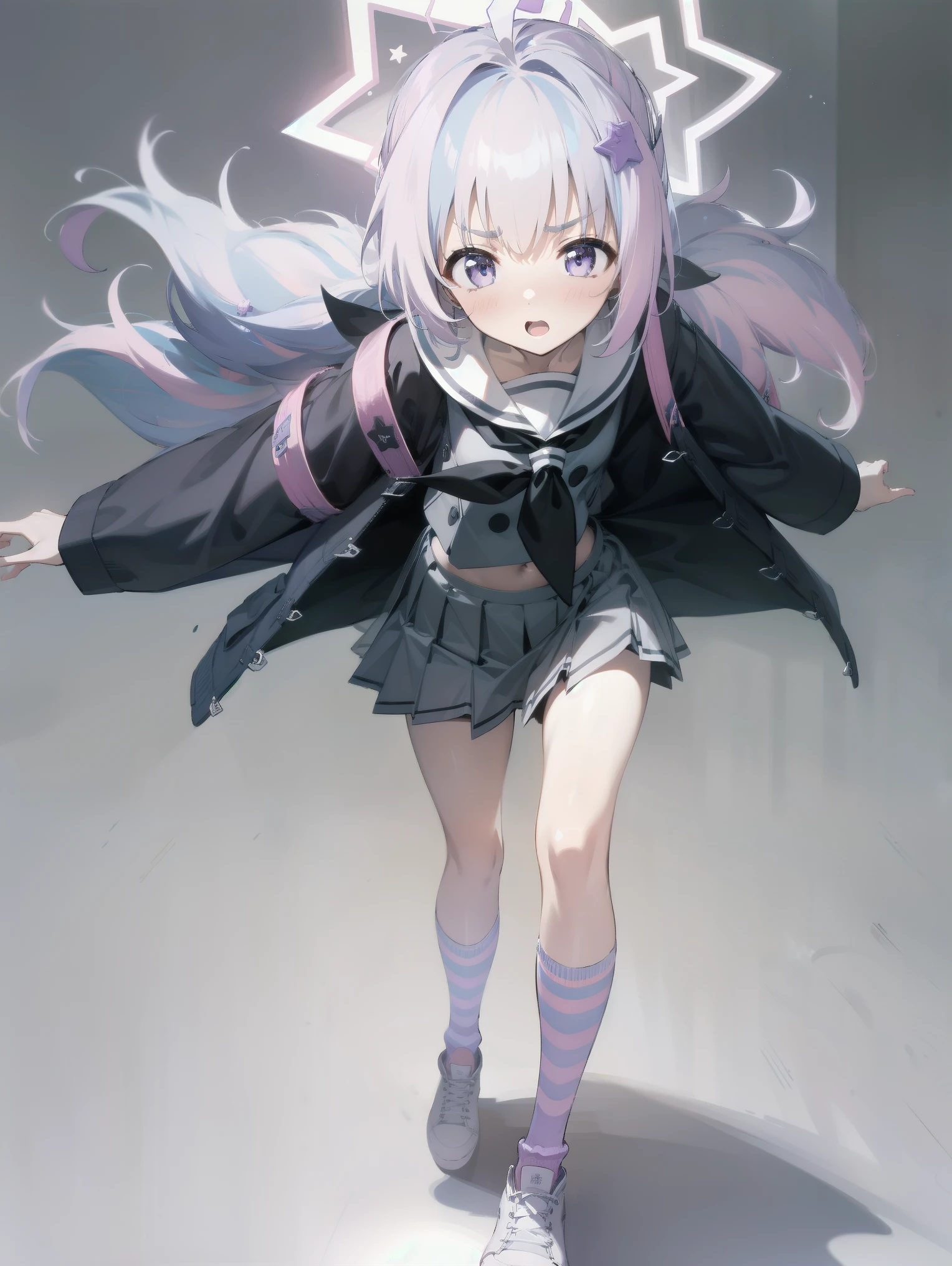 reisaBA,long sleeves,long hair,star hair ornament,school uniform,blue hair,purple eyes,jacket,pink hair,pink footwear,low twintails,halo,white skirt,black neckerchief,striped socks,pink socks,twintails,purple hair,ahoge,pleated skirt,serafuku,socks,striped,star \(symbol\),two-tone hair,black jacket,neckerchief,kneehighs,sneakers,white sailor collar,masterpiece, extremely detailed cg unity 8k wallpaper, highly detailed, absurdres, 8k resolution, 1girl, solo,standing,full body,