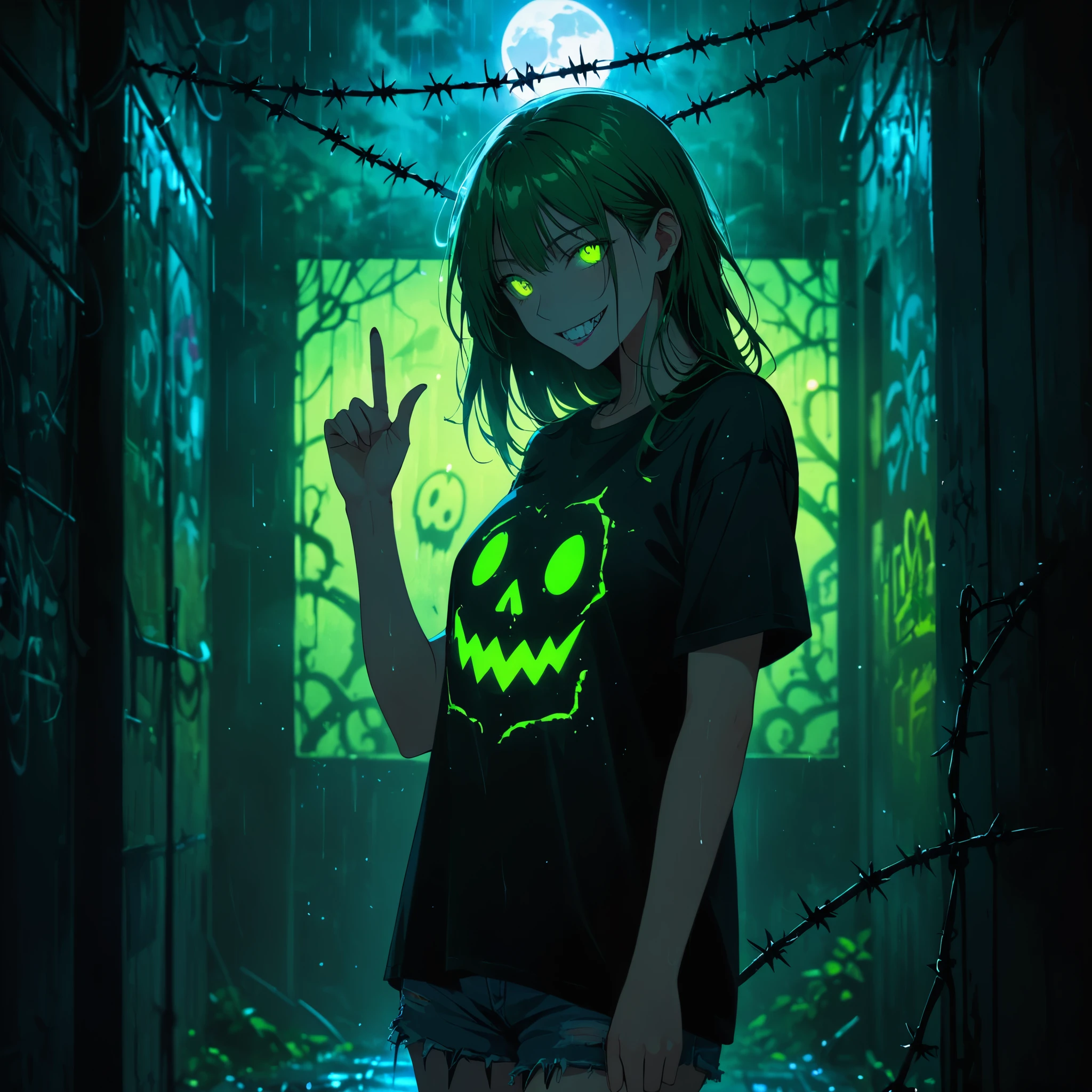 (Portrait of a mysterious giant eye)，indoor，Fluorescent illumination，(((Darkness shrouded)))，Wall background，black background，silhouette，shadow，extreme darkness，Minimalist graffiti style background，Fluorescent green ploy Skull pattern graffiti，Dark atmosphere，cowboy shot,1girl,Oversized black T-shirt，Medium Breast，Waistless T-shirt，（underboob），blurred background，Blurred foreground，Green fluorescent hair，Fluorescent green eyes，Hand raised and touching hair，long hair，Messy hair，Low rise denim shorts，Over-the-knee boots，pink eye shadow，Ruined eyeshadow，（Vanishing point，Depth of Field，Background blur），(Vines Covered Foreground:10），Grin，Open your mouth，Devil smiley，trigger finger，Shark Teeth，Dark and Edgy、Surrealist elements、expressive brushstrokes、dynamic composition。\extreme detail description，chain，barbed wire，wooden stake，moonlight，heavy rain,raised hands，from about，