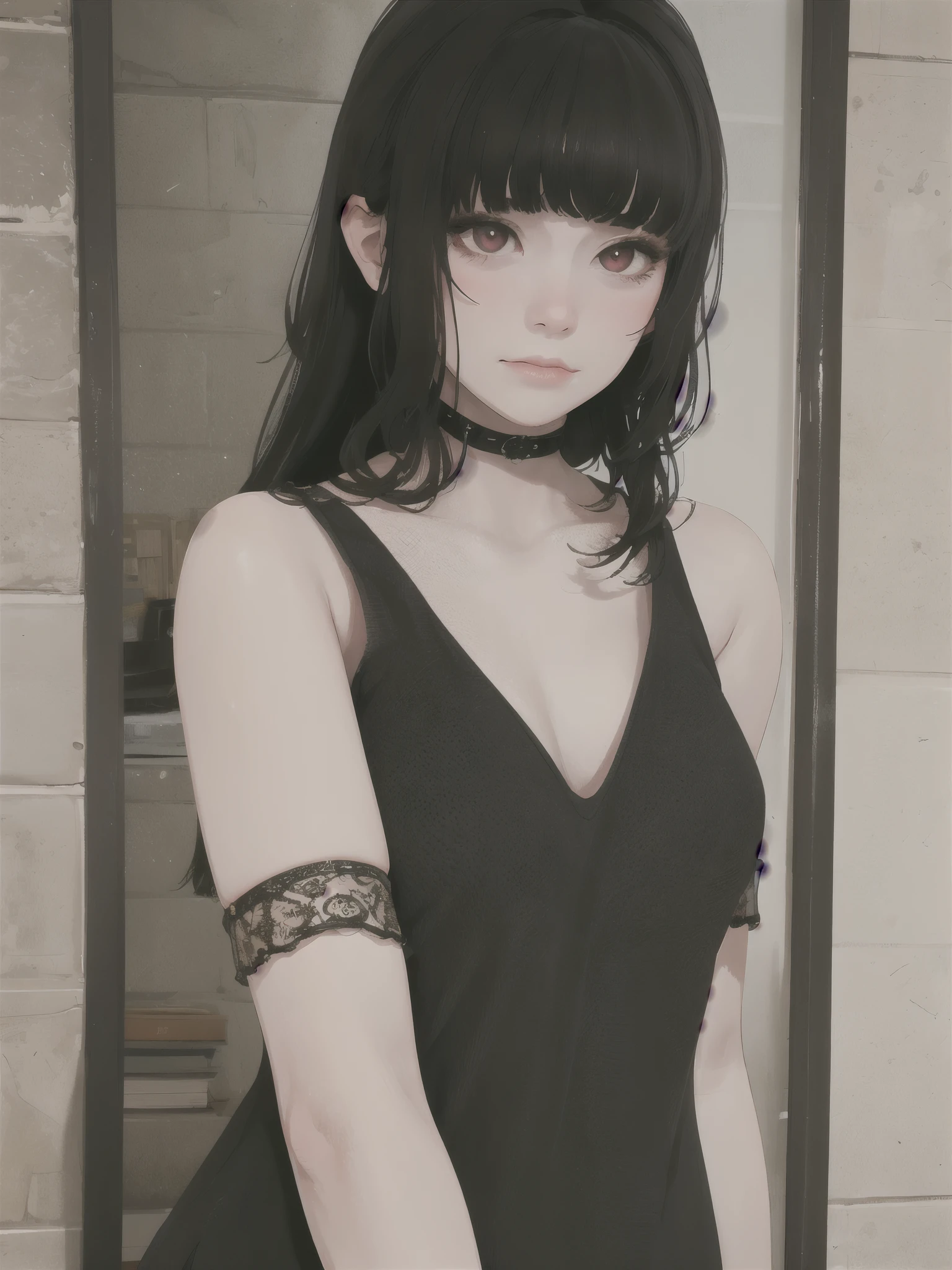 masterpiece, highly detailed, best quality, 1girl, solo, 
Luna, black hair, red eyes, long hair, blunt bangs, black gothic style 