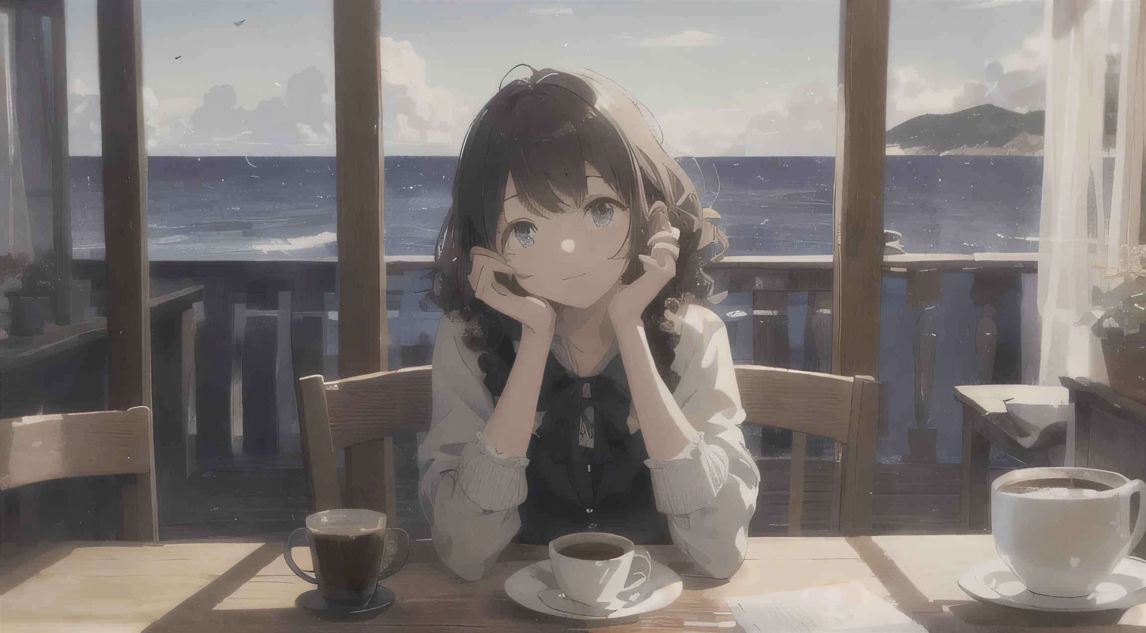 (highest quality: 1.5), (Super detailed: 1.5), (highest quality Photo: 1.5), Cafe,coffee,Outside the window, the sea as far as the eye can see, full of stars, Meteors, horizon, Pitch black sea, midnight, midnight, Milky Way, nebula, particles of light, very delicate and beautiful, very detailed, Mysterious, cinematic angle, 8K resolution, elegant, perfection, Smooth, Beautiful girl looking up outside, very cute, curly,