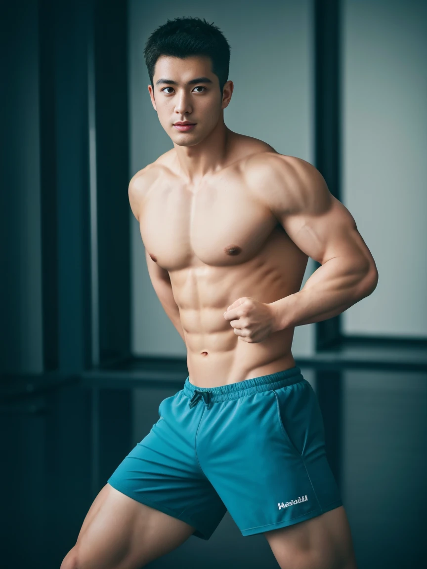 Firefighter in his 20s，Full chest muscles，Has short black hair， blue eyes，Sexy and charming expression，Wear green training clothes、Blue shorts, High resolution, masterpiece, Best quality, head:1.3,((Hasselblad Photo)), Delicate skin, Be focused, (Movie Lighting), at night, Soft lighting, Dynamic angle, [:(Delicate face:1.2):0.2],(((exercise))), sports, Arm muscles are very big, Hands in crotch.