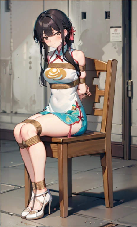masterpiece, best quality,Solitary,((captivity)),((blush)), (()), (()),((Exhausted)),((High heel)),((cheongsam)), (((()))),((arms_behind_Back)),((Keep your legs together)), ((Bondage)),((Chai Li)),((Tightly bound))
