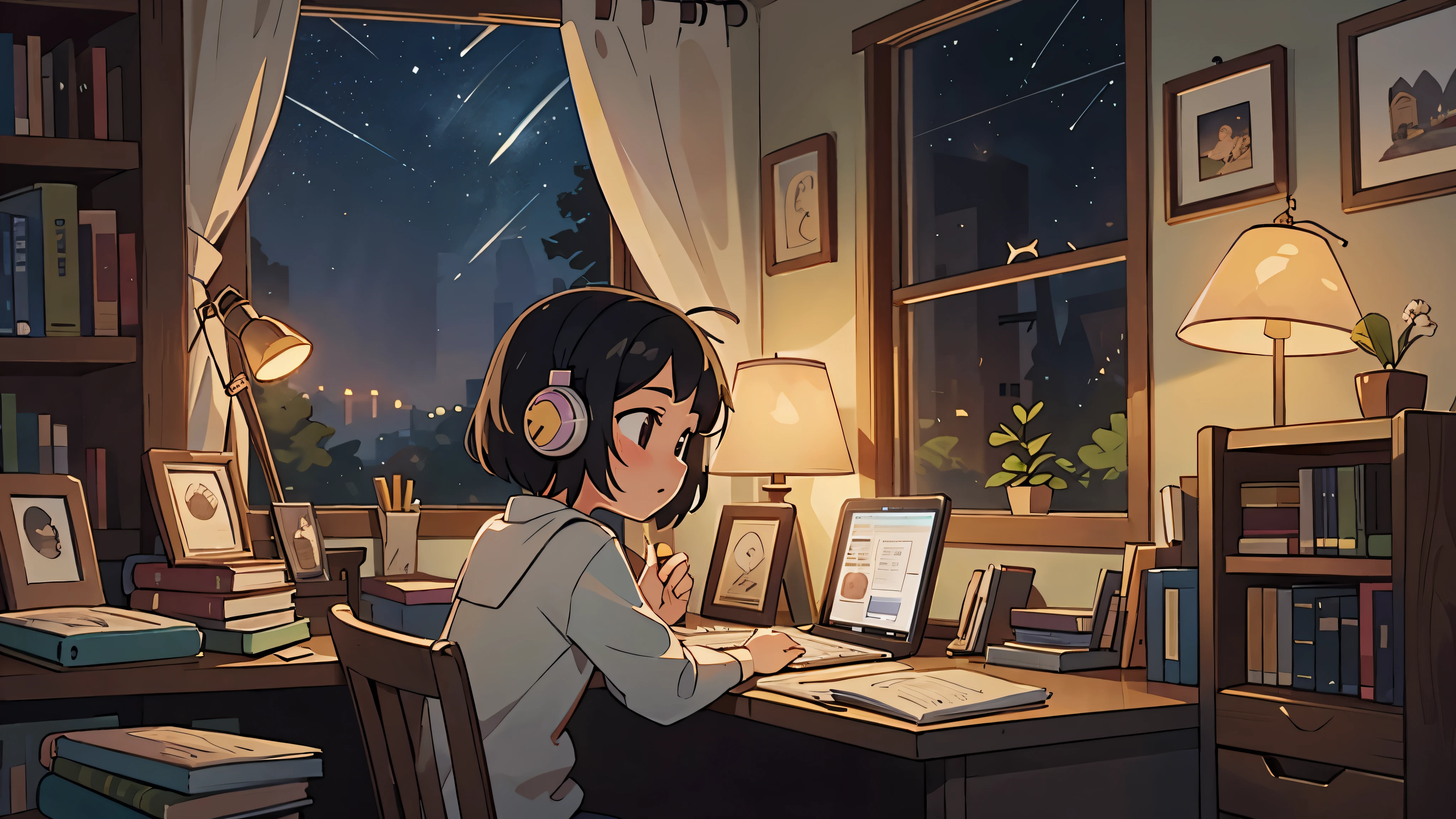 25-year-old girl listens to music with her headphones, using the computer, in a calm and relaxed environment, with short black hair, seen from behind, it is night, you can see fireflies and a beautiful landscape full of stars, at night, characters with a lot of detail in their faces, hands and hair, a very detailed and outlined character and background, a lot of image clarity, wooden desk, lamp on the right side, books in the background, a little messy room, view through the window, headphones roses in the ears, with a thoughtful face.