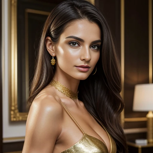 ((best quality)), ((masterpiece)), (detailed), perfect face Beautiful stunning perfect face, long_hair, bright green eyes, elongated slim face, gorgeous, stunning adult 35 year old woman, photograph of Maria Fumagelli, standing at a crowded party in a mansion in Milan, entire body, white revealing outfit with gold details, dramatic pose, cleavage, slender legs, hot girl, Italian features (masterpiece), standing, perfect happy woman, extremely detailed photo of a strikingly stunning woman, hyper-detailed full body shot of a woman, photographed on a Sony a7iv, 50mm lens, F/2.8 HDR, (cinematic lighting), (dramatic lighting), (sharp focus), (intricate), fashion, realistic skin texture, (( perfect anatomy)), ((detailed face:1.2)), ((detailed facial features detailed skin), masterpiece), (perfect proportion), (realistic photo), (best quality: 1.6), (detailed) image depicts a person with a clear complexion and a striking appearance. facial features include arched eyebrow, expressive eyes with dark mascara, and a subtle cat-eye liner. Eyeliner to accentuate her bright green eyes. Vibrant lipstick. The skin is smooth and has a matte finish, suggesting the use of foundation. The lighting is soft and diffused, providing an even illumination across the person's face and upper body without harsh shadows