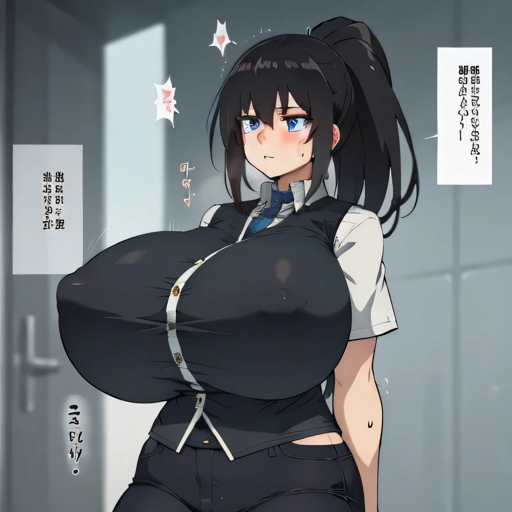 Muscle Girl,, Huge breasts,, blue eyes, pants，Vest, black hair, high ponytail, respite，sweat，Expressionless