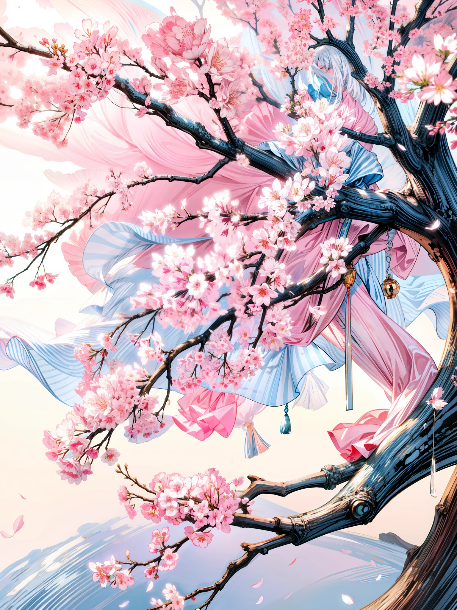 a close up of a glass wind chimes hanging from a tree, cherry blossom falling, cherry blossoms in the wind, pastel flower petals flying, cherry blossom petals, falling flower petals, cherry blossom, flowing sakura silk, airy colors, falling petals, flowing sakura-colored silk, cherry blossoms, cherry-blossom-tree, water bubble, fragility, wind chimes, light blue colors, 4k hd,, beautiful art uhd 4 k, a beautiful artwork illustration, beautiful digital painting, highly detailed digital painting, beautiful digital artwork, detailed painting 4 k, very detailed digital painting, rich picturesque colors, gorgeous digital painting