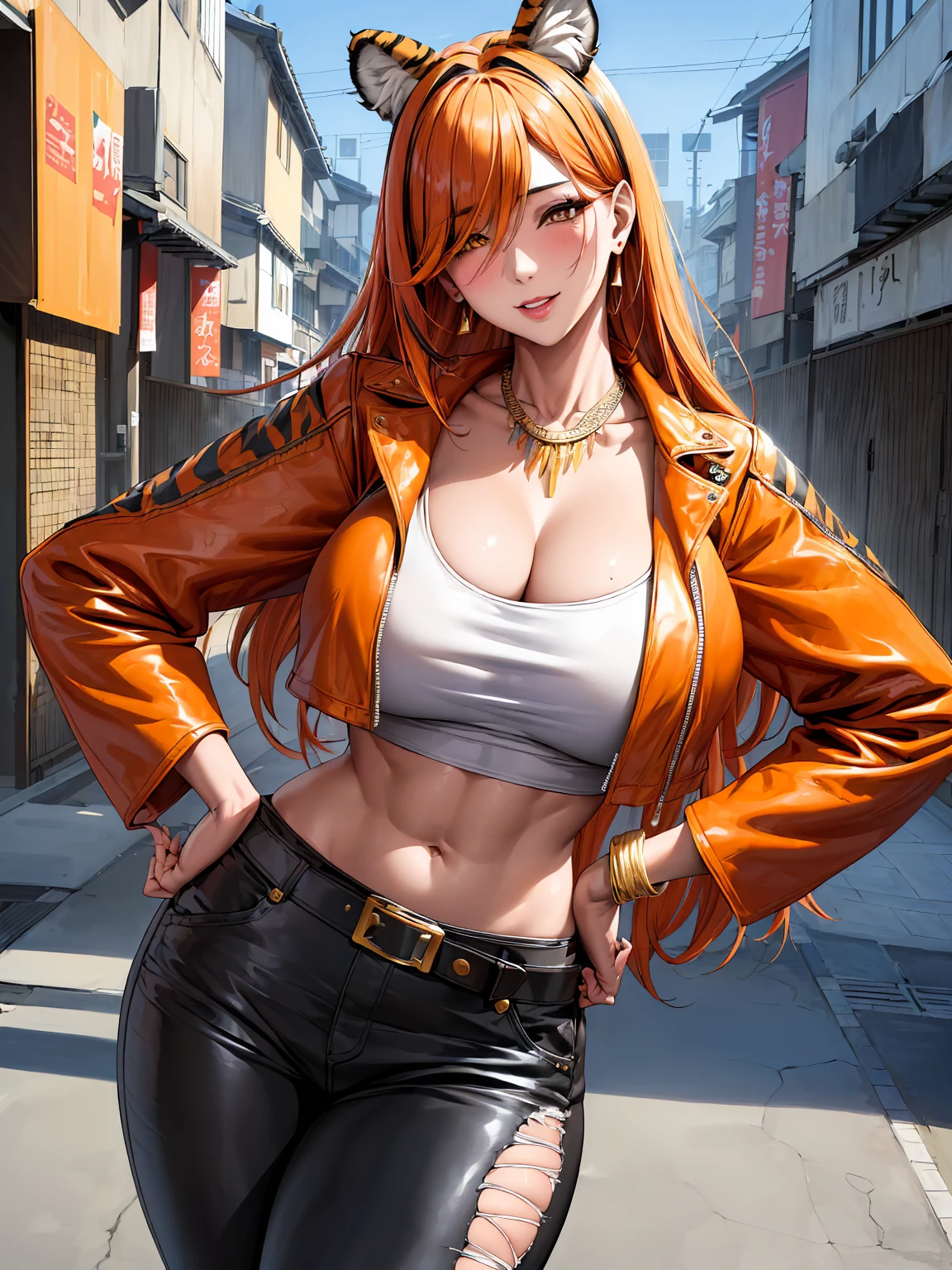 (((absurdres))), (((masterpiece))), (((best quality))), ((ultra-detailed)), ultra high quality, realistic, (real picture, intricate details, depth of field), ((((1girl, solo)))), make up, parted lips, highly-detailed, perfect face, (((mature woman, milf, skindentation))), (huge breasts, wide hips), tall, glossy lips, ((toned abdomen, muscular)), sexy, blushing, ((((animal ears, tiger ears, tiger tails)))), (((orange hair, black hair, multicoloured hair, hair over one eye, long hair))), ((necklace, earrings, hair accessories, hair ornaments, bracelet)), ((beautiful yellow eyes)), (((white crop top, cleavage, leather jacket, leather belt, ripped denim pants))), (((erotic pose, standing, hands on hips, from below))), ((japanese city streets)), alluring smile,