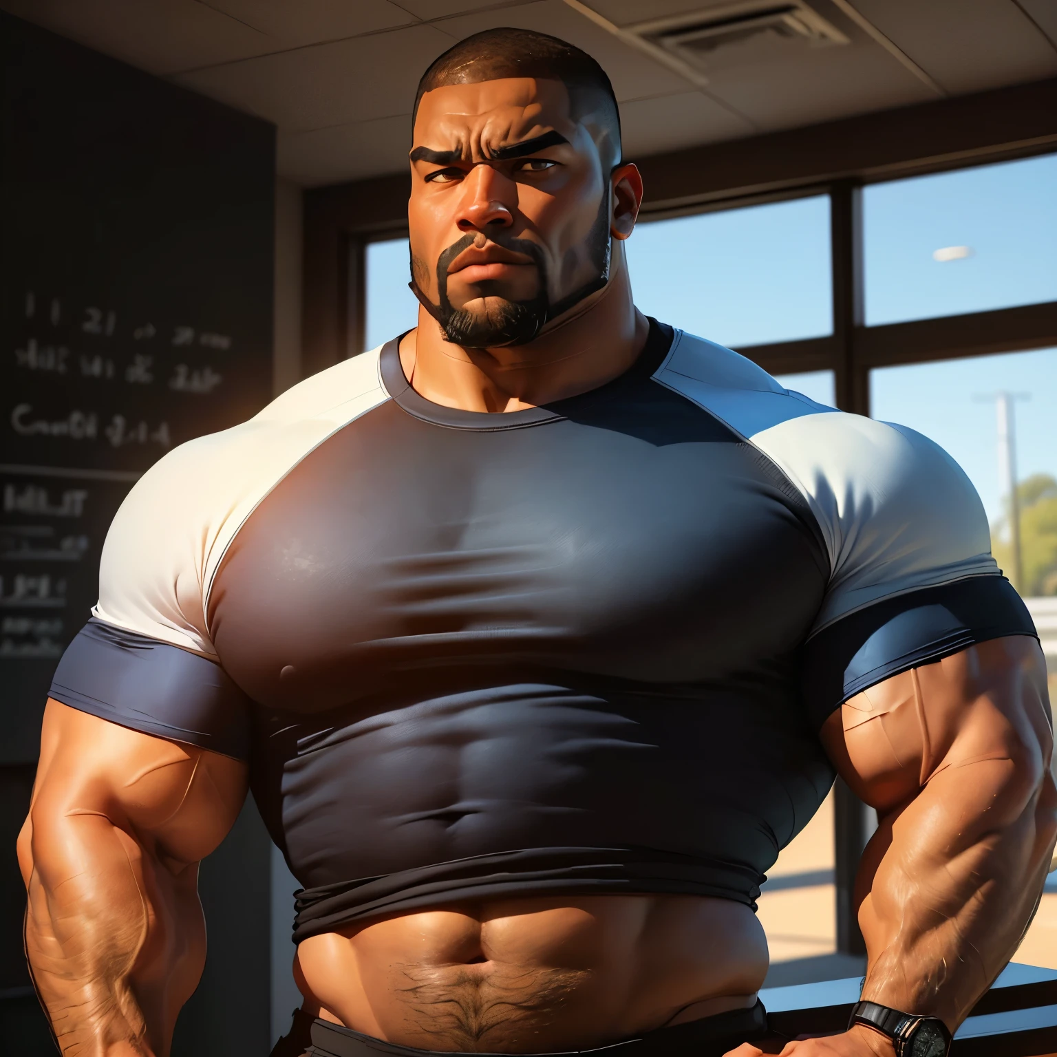 an exaggeratedly muscular and large bodyguard, beefy build, beard, dark-skinned african american male, buzzcut hair with square line, (stern expression: 1.2), (wearing blue and black raglan shirt: 1.2), (shirt showing midriff:1.1), school logo on shirt, (bara pecs: 1.3), (arm and chest hair: 1.1), close-up portrait HD, (cowboy angle), (sports field)