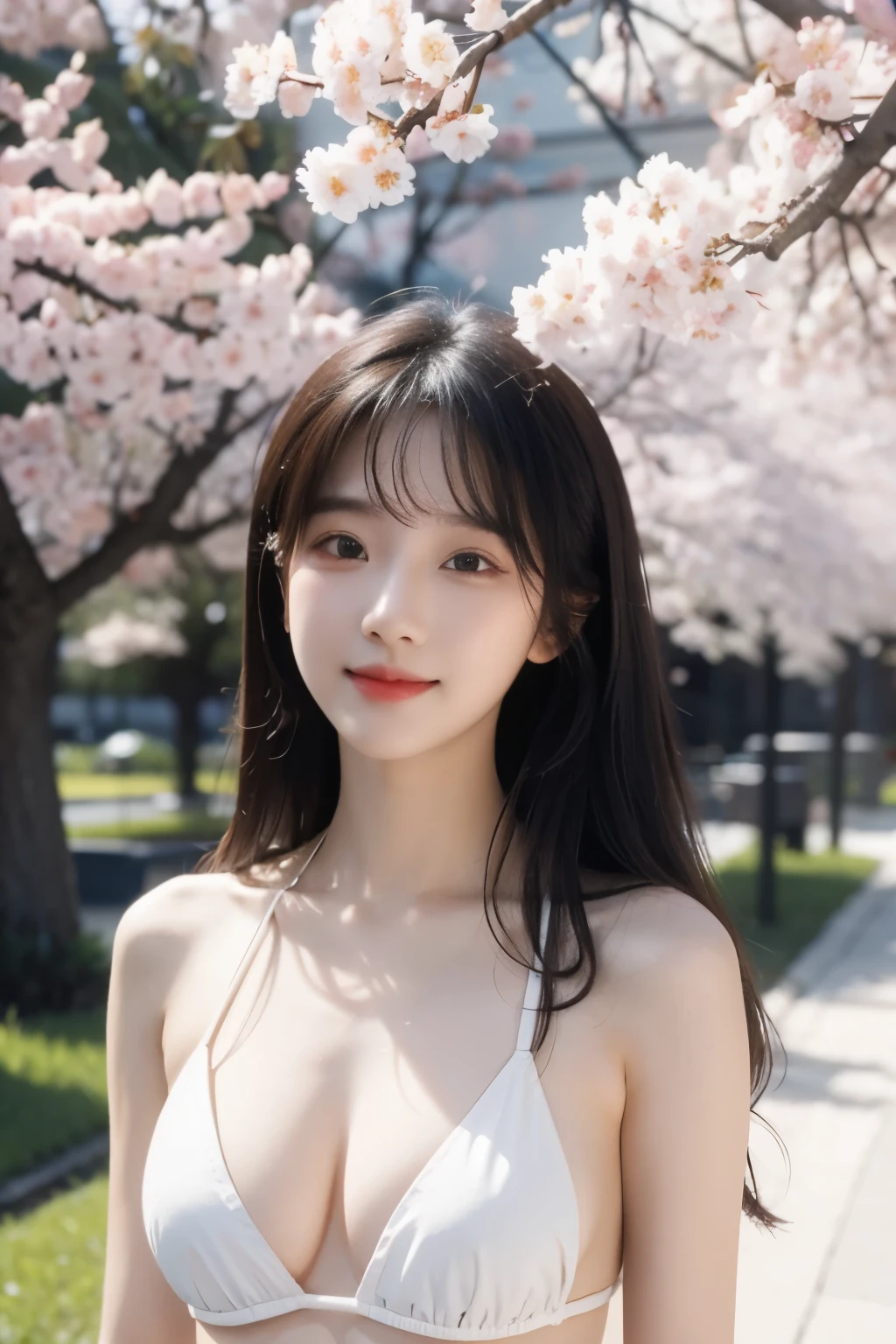 A 20-year-old woman with the cute face of an idol who looks .。Gentle and cute。Laughing sweetly and crying tears。Her bust is a little large in a bikini Beautiful cherry blossom park Raw photo Real Genuine Real Life No copyright notice