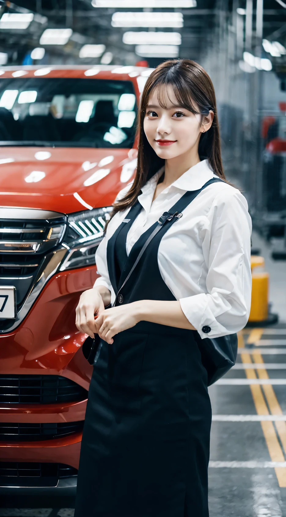 (Raw photo, highest quality), (8K, highest quality, masterpiece: 1.2), Super detailed, super resolution, a woman, work clothes, working at a Car Factory