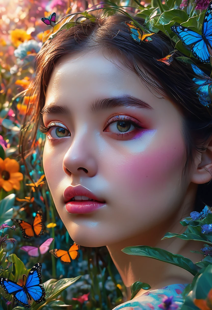 a girl close up, glowing shinny eyes with ultra long eyelashes, in a surreal and intricate garden of infinite possibilities, lost in a chaotic and unpredictable world, surrounded by vibrant and mesmerizing colors. The garden is filled with unique and peculiar plants and creatures, creating a sense of wonder and curiosity. 
The girl has deep and expressive eyes that are beautifully detailed, capturing the essence of her emotions and thoughts. Her lips are also beautifully detailed, reflecting her innermost desires and dreams. She has an aura of mystery and intrigue, drawing people towards her. Her face is extremely detailed, with long eyelashes that add to her captivating presence.

The garden is made with the highest level of craftsmanship, resembling a masterpiece of art. It combines various mediums such as illustrations, oil paintings, and 3D renderings, creating a visually stunning and immersive experience.

Every corner of the garden is filled with ultra-detailed elements, from the intricate textures on the petals of flowers to the fine details on the wings of butterflies. The level of detail is so high that it feels almost realistic and photorealistic. The colors are vivid and vibrant, with neon highlights that add a touch of excitement and futuristic aesthetics.

As the girl wanders through the garden, she is surrounded by an epic and complex landscape. The sky is filled with an abundance of stars, creating an ethereal and dream-like atmosphere. The transition between day and night is captured in the end of the sunset, where the colors blend harmoniously, creating a sense of tranquility and serenity.
This ultra HD artwork is a true masterpiece, capturing the essence of the girl's journey through the garden of random wonders. It is a visual representation of the infinite possibilities that lie within our dreams and the beauty that can be found in the most unexpected places.