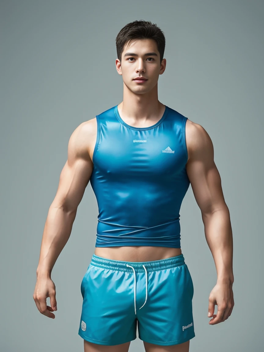 Firefighter in his 20s，Full chest muscles，Has short black hair， blue eyes，Sexy and charming expression，Wear green training clothes、Blue shorts, The large crotch bag is the highlight，High resolution, masterpiece, Best quality, head:1.3,((Hasselblad Photo)), Delicate skin, Be focused, (Movie Lighting), at night, Soft lighting, Dynamic angle, [:(Delicate face:1.2):0.2],(((exercise))), sports, Arm muscles are very big, Hands in crotch.