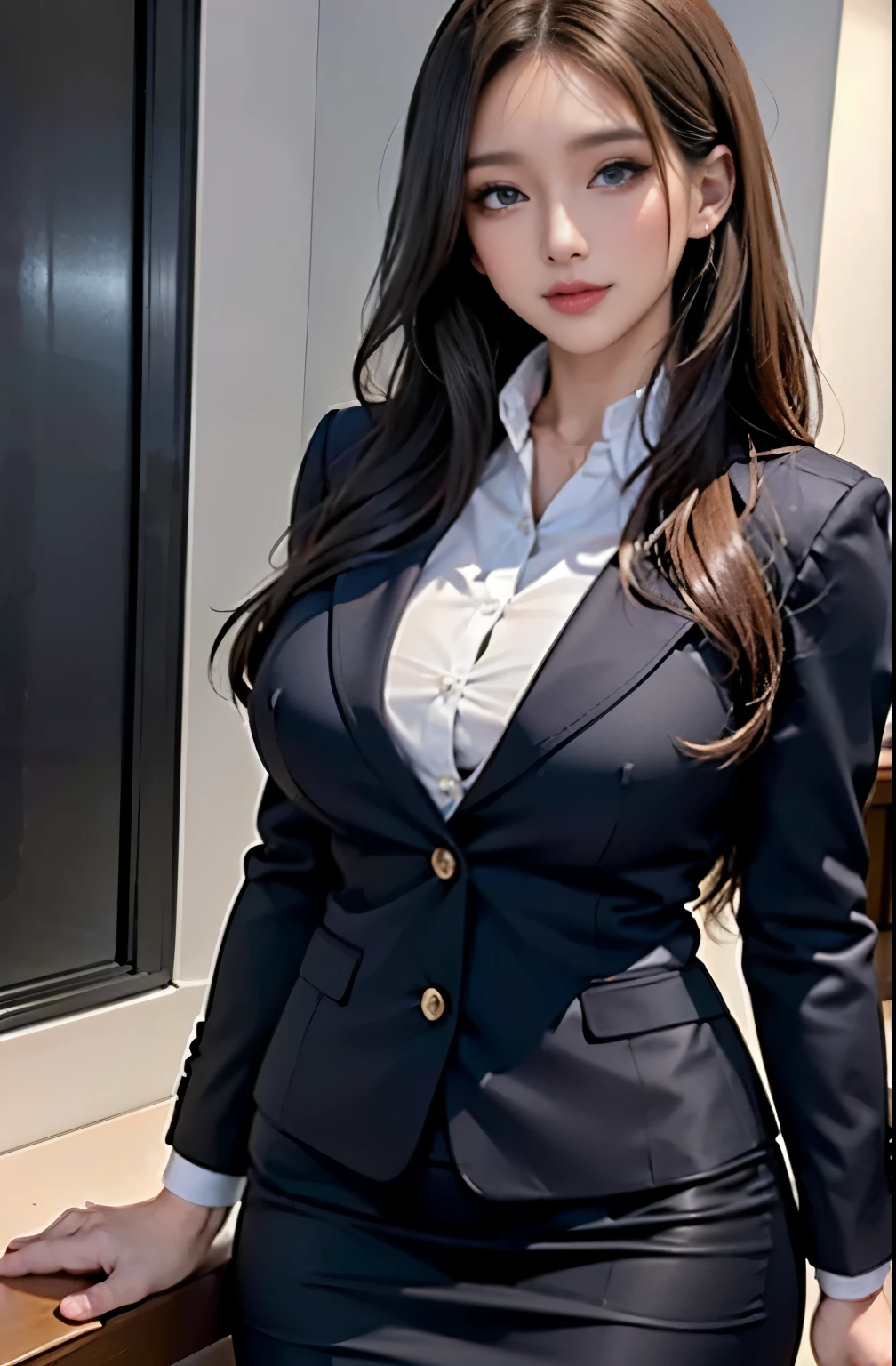 (2 girls), beautiful, Great face and eyes, Long dark brown hair,cosmetics, (Extremely detailed beautiful face), (Sexiest Looks), (beautiful big breasts:1.1), (highest quality:1.4), (Very detailed), (Very detailedな CG 統合 8k 壁紙), Very detailed, Original photo, Professional photography, ((suit)), (Tight Skirt), (Open-collar business shirt),At work,Large depth of field、