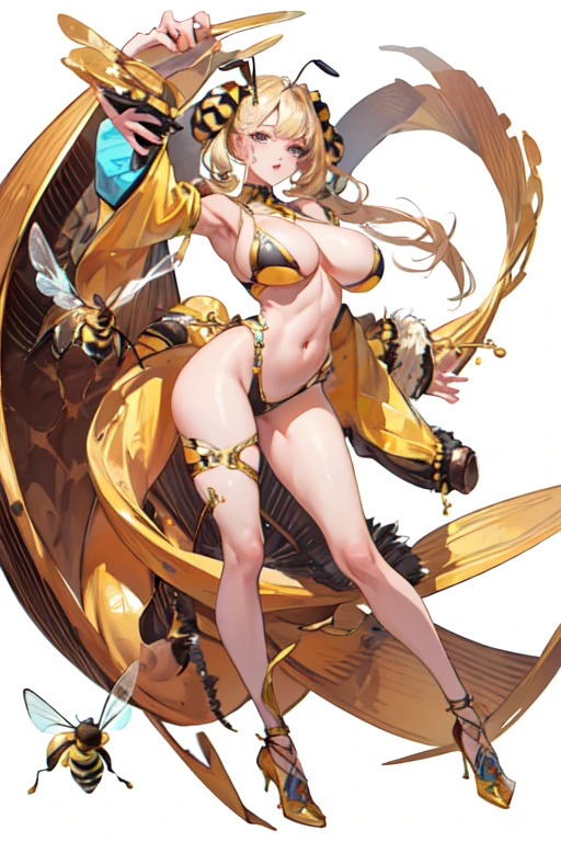 [(white background:1.5)::5], (bottle bottom:0.9), masterpiece,(full body:1.2),(masterpiece, ultra high res, 16k uhd, high quality),1girl queen bee, hybird human and bee, monsters, huge breast, beautiful face,perfect body,