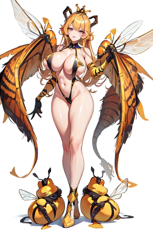 [(white background:1.5)::5], (bottle bottom:0.9), masterpiece,(full body:1.2),(masterpiece, ultra high res, 16k uhd, high quality),1girl queen bee, hybird human and bee, monsters, huge breast, beautiful face,perfect body,