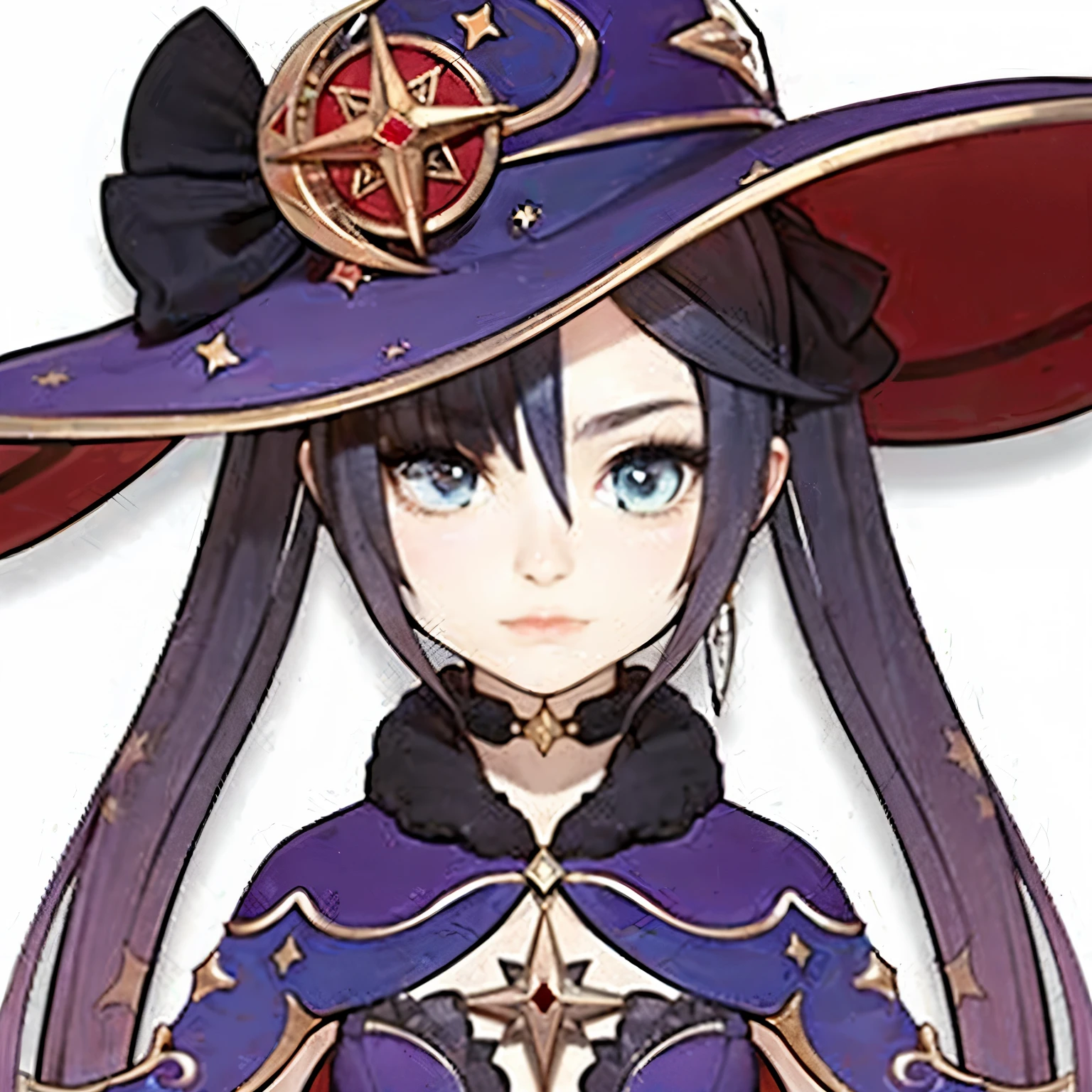 a realistic,close up of a beautiful character wearing a hat, purple - haired mage,twin tailflirty witch casting magic, mechanized witch girl, astral witch clothes, dark witch character, witch girl, witch academia