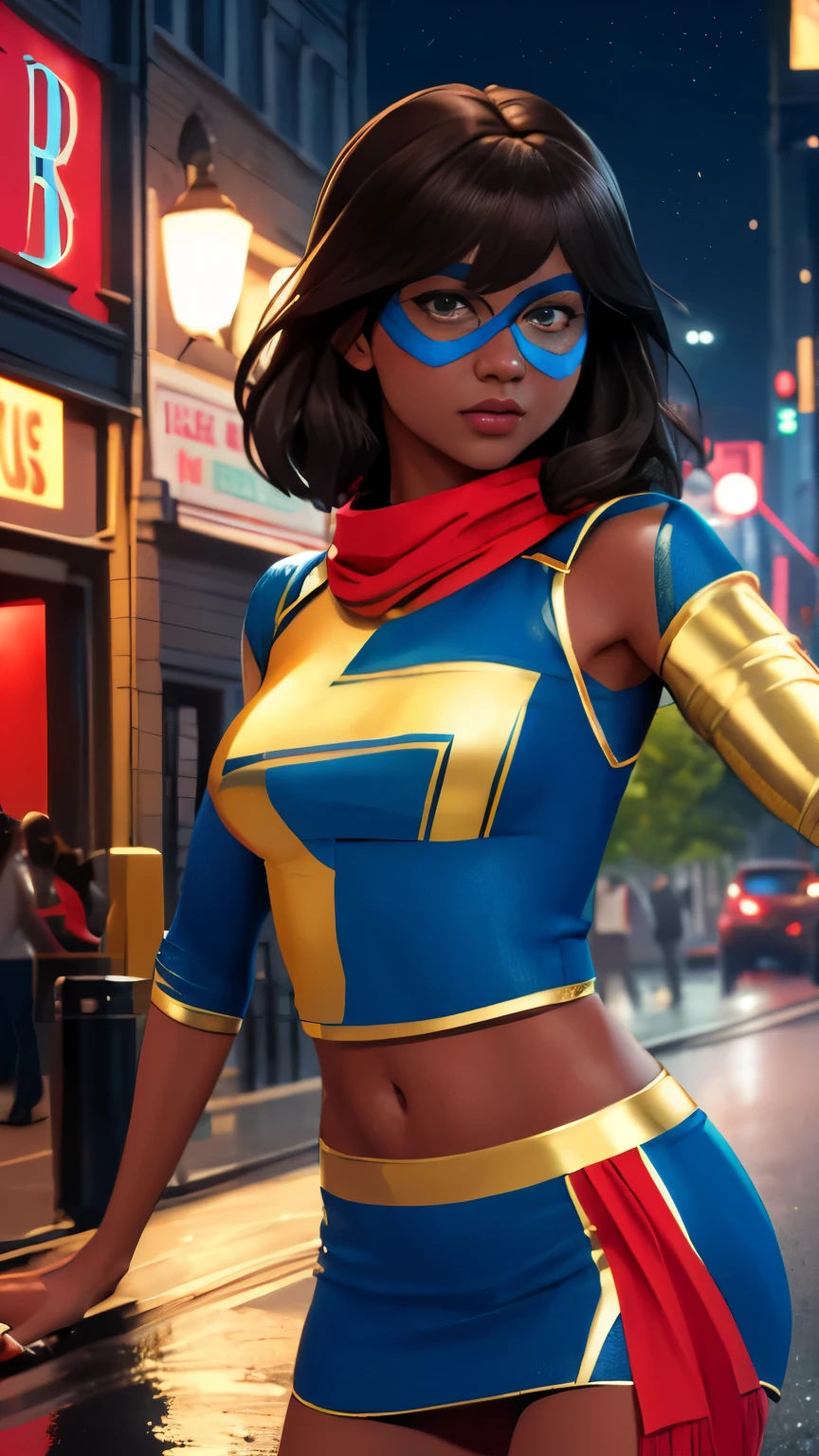 (Highly quality, masterpiece, detailed), night city detailed scenario, night city detailed background, solo, 20 years old, khamala, dark skin, brown eyes, dark brown hair, lips, blue domino mask, red scarf, red crop top, sleeves, gold trim, blue footwear, navel, perfect face, beautiful eyes, looking at the viewer, Sexy pose