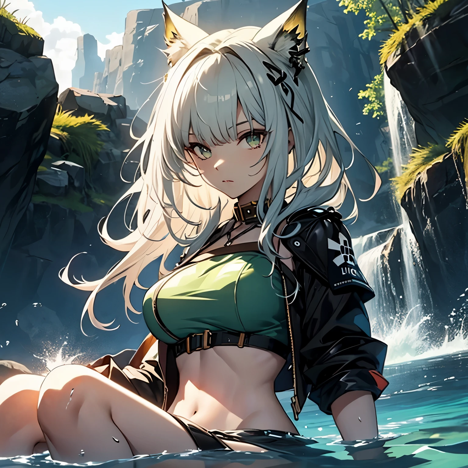 a beautiful anime girl in sitting in the water, 1girl,  solo, breasts, water, covered navel, looking at viewer, outdoors, hair ornament, medium breasts, female brat、kal_tsit_arknights