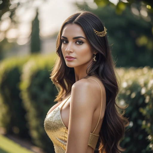 ((best quality)), ((masterpiece)), (detailed), perfect face Beautiful stunning perfect face, long_hair, bright green eyes, elongated slim face, gorgeous, stunning adult 35 year old woman, photograph of Maria Fumagelli, standing at a crowded party in the garden of a mansion in Milan, crowd in background, entire body, white revealing outfit with gold details, dramatic pose, cleavage, slender legs, hot girl, Italian features (masterpiece), standing, perfect happy woman, extremely detailed photo of a strikingly stunning woman, hyper-detailed full body shot of a woman, photographed on a Sony a7iv, 50mm lens, F/1.8 HDR, (cinematic lighting), (dramatic lighting), (sharp focus), (intricate), fashion, realistic skin texture, (( perfect anatomy)), ((detailed face:1.2)), ((detailed facial features detailed skin), masterpiece), (perfect proportion), (realistic photo), (best quality: 1.6), (detailed) image depicts a person with a clear complexion and a striking appearance. facial features include arched eyebrow, expressive eyes with dark mascara, and a subtle cat-eye liner. Eyeliner to accentuate her bright green eyes. Vibrant lipstick. The skin is smooth and has a matte finish, suggesting the use of foundation. The lighting is soft and diffused, providing an even illumination across the person's face and upper body without harsh shadows