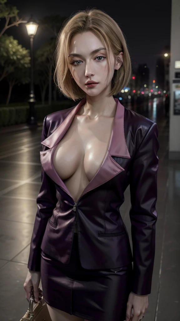 One adult woman, (masterpiece:1.4), (High resolution), (8k), (Very detailed), (4K), (pixiv), Perfect Face, nice eyes and face, (highest quality), (Very detailed), Detailed face and eyes, (alone), Textured skin, Absurd, High resolution, Pakunoda, Blonde, Red eyes, short hair, formal, Purple Jacket, High heels, No bra, Purple Skirt Suit, Skyscraper, new york, night, Street lamp, (have a handgun), Expressionless