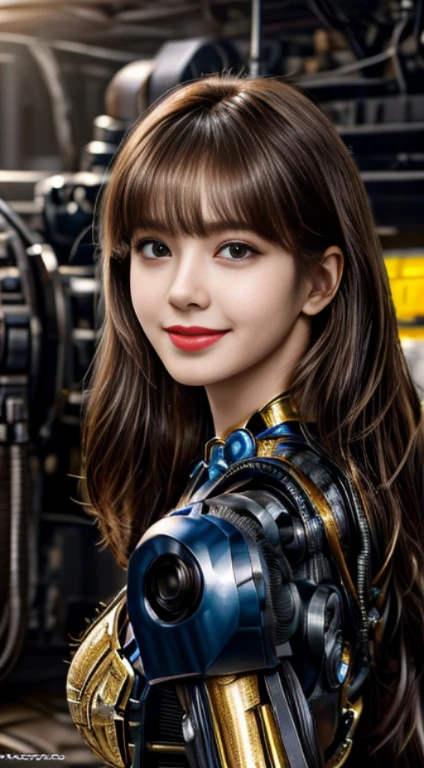 Virtual image,Realistic 8K images,,,Masterpiece,Complete Anatomy,Complete dynamic composition,morning sun,Light hits the front,young woman with long brown hair,sweet smile,smile at the corner of the mouth,cybernetic robot,Bikini body - white_orange_gold_metal, ,The background is the remains of a large robot machine..,The gears of large machines also rotted..